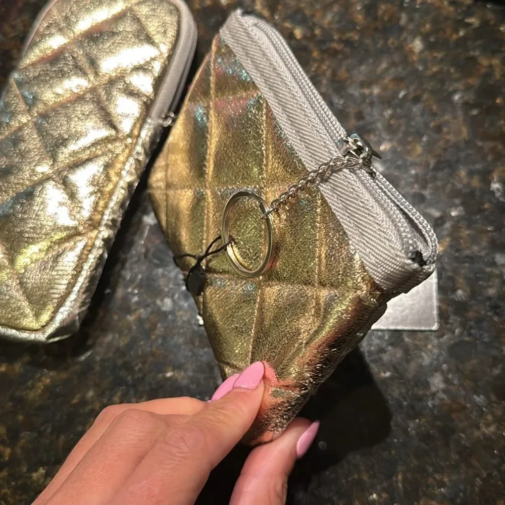 Silver Quilted Pouch Keychain Set amd Sunglass Holder - NWT Zippers